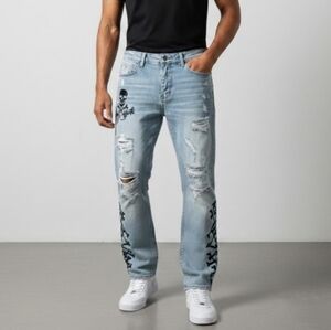 NEW! GSTAR Men's Light Blue Distressed Jeans with Skull Design sz 34x32 NWT
